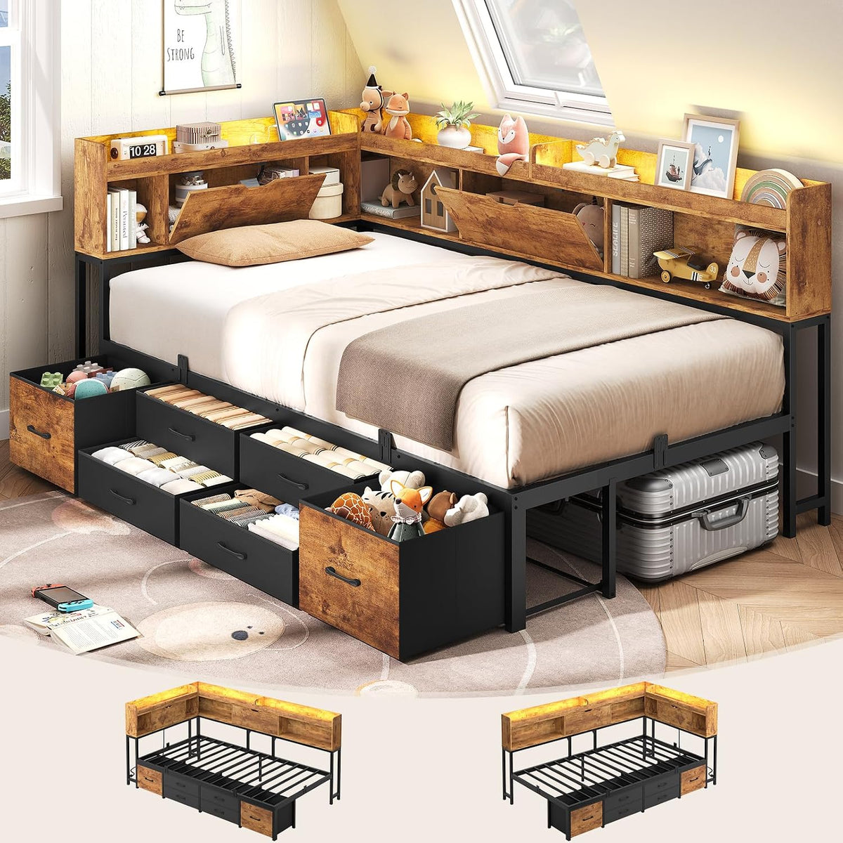 Vintage Brown Twin Daybed with 6 Drawers