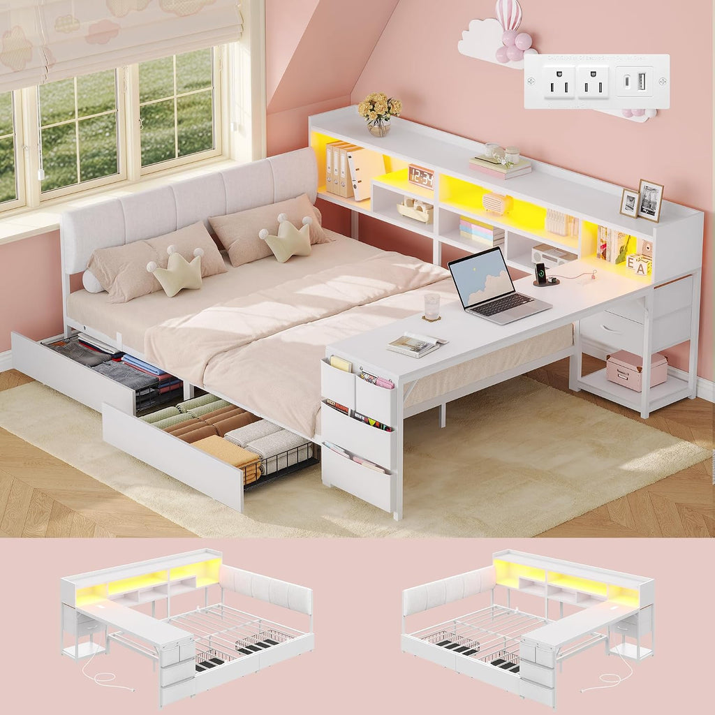 White Full Corner Bed Frame with Desk & 4 Drawers
