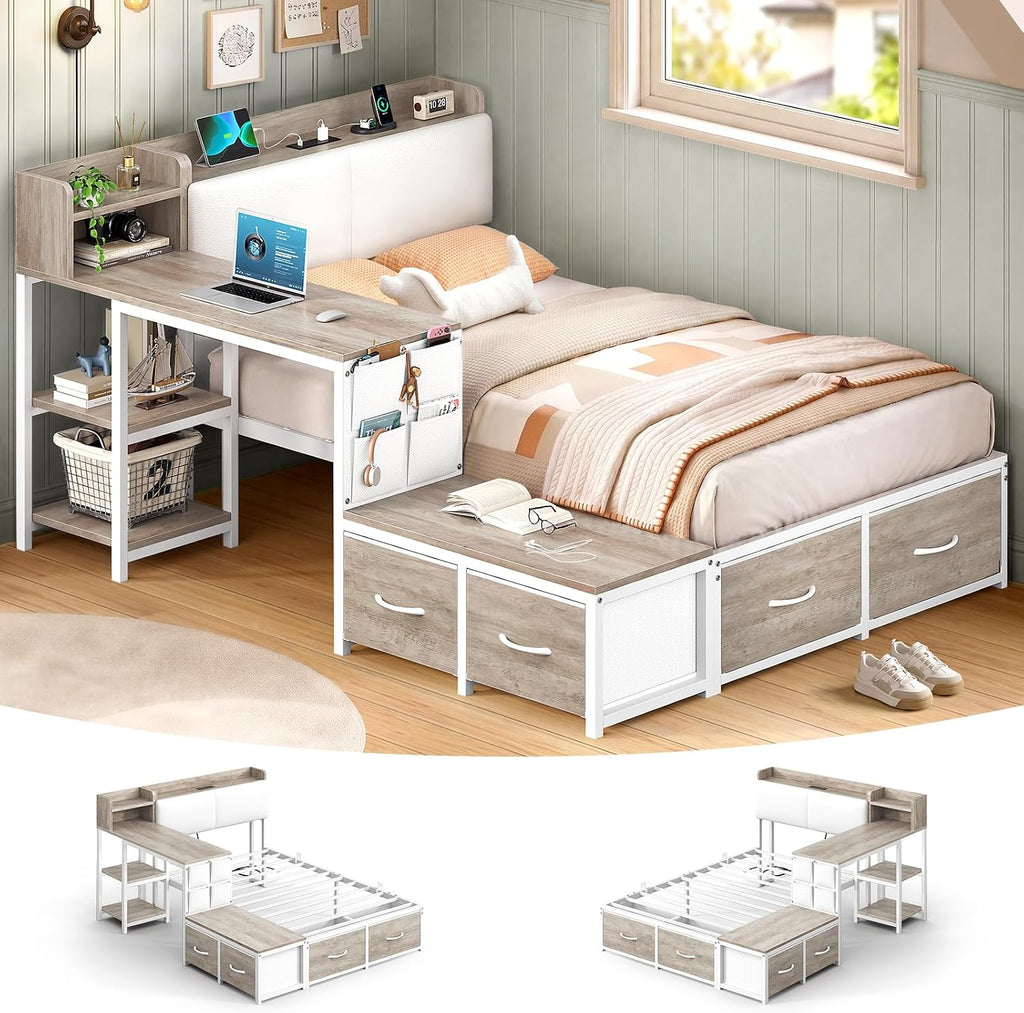 Twin Corner Bed with Desk & 4 Drawers