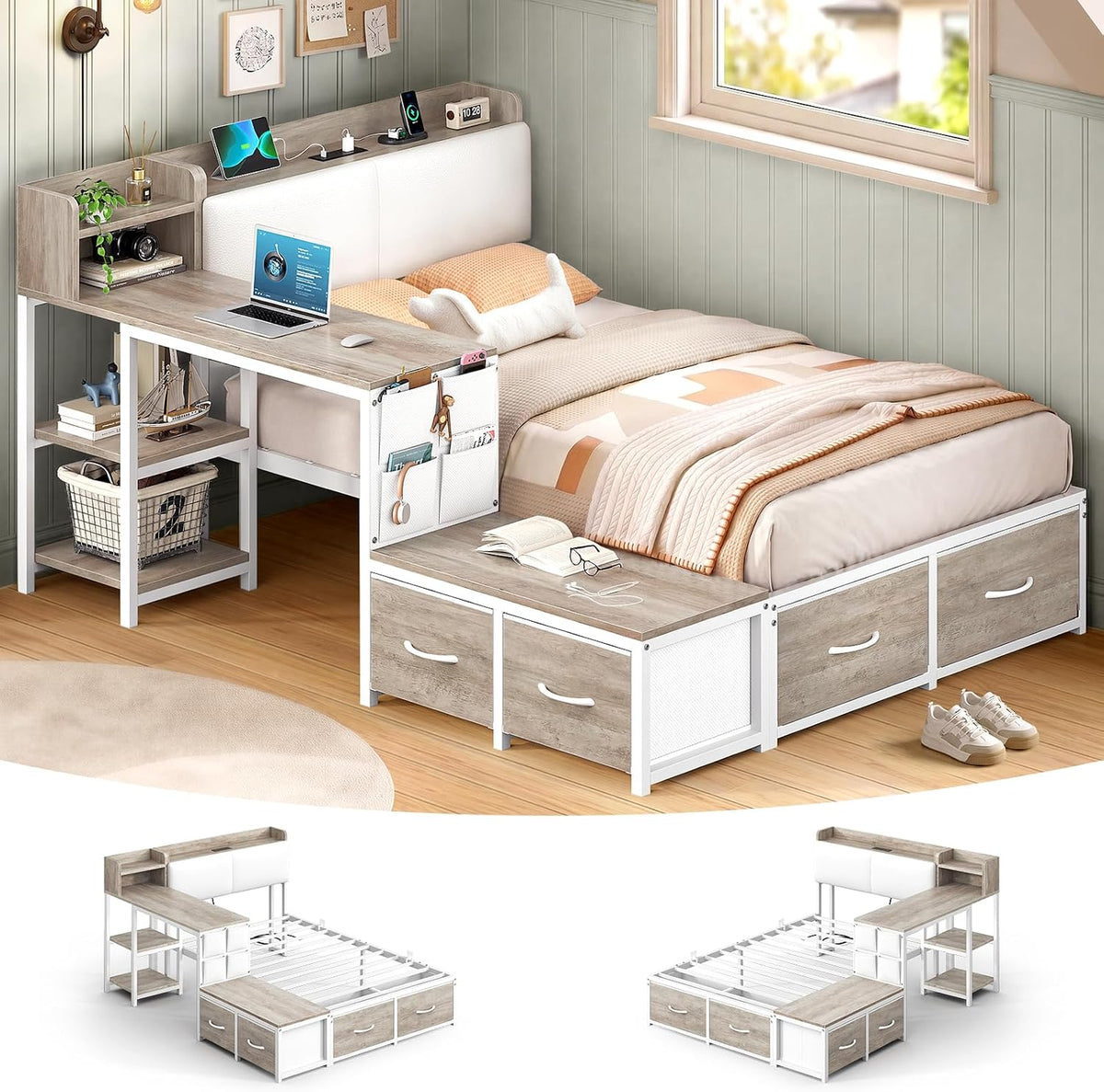 Twin Corner Bed with Desk & 4 Drawers