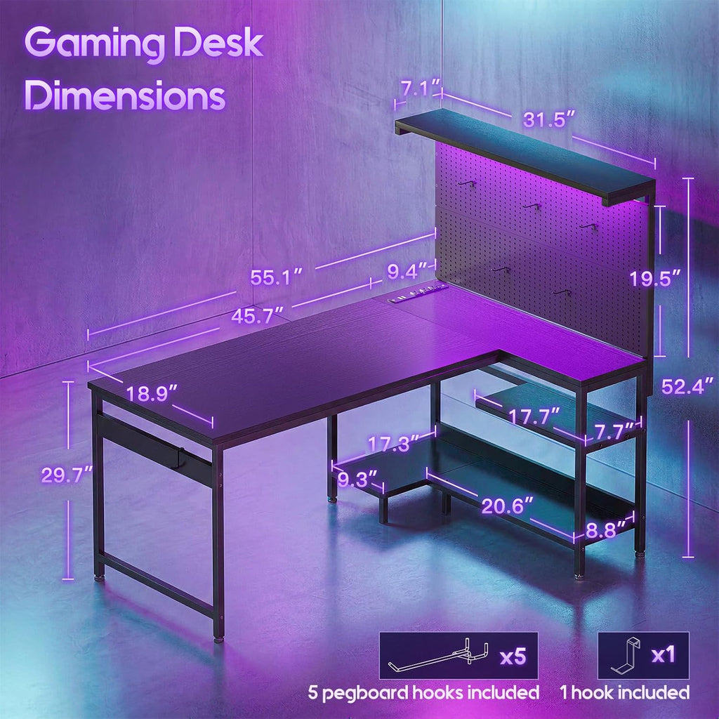 55" Black L-Shaped Gaming Desk