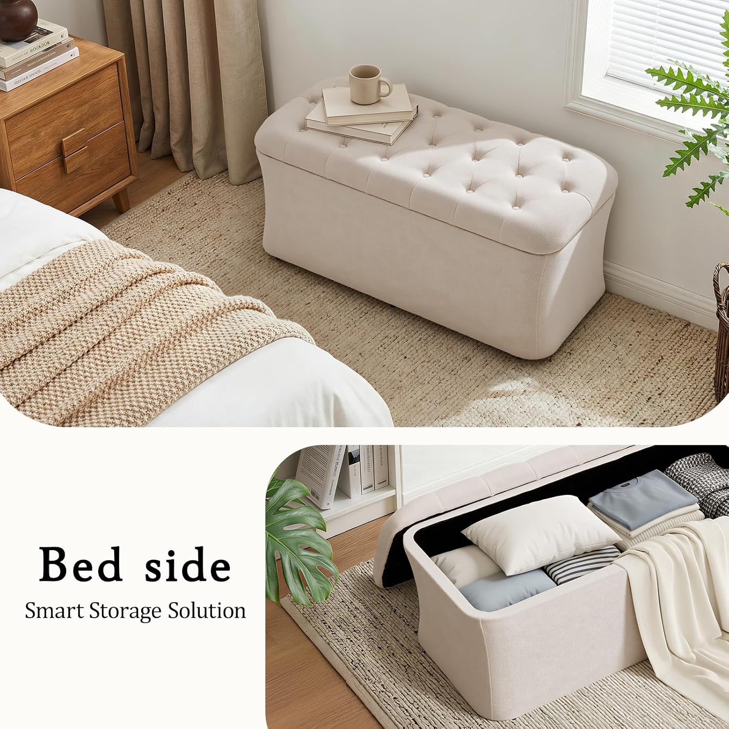 39.8" Beige Storage Ottoman Bench