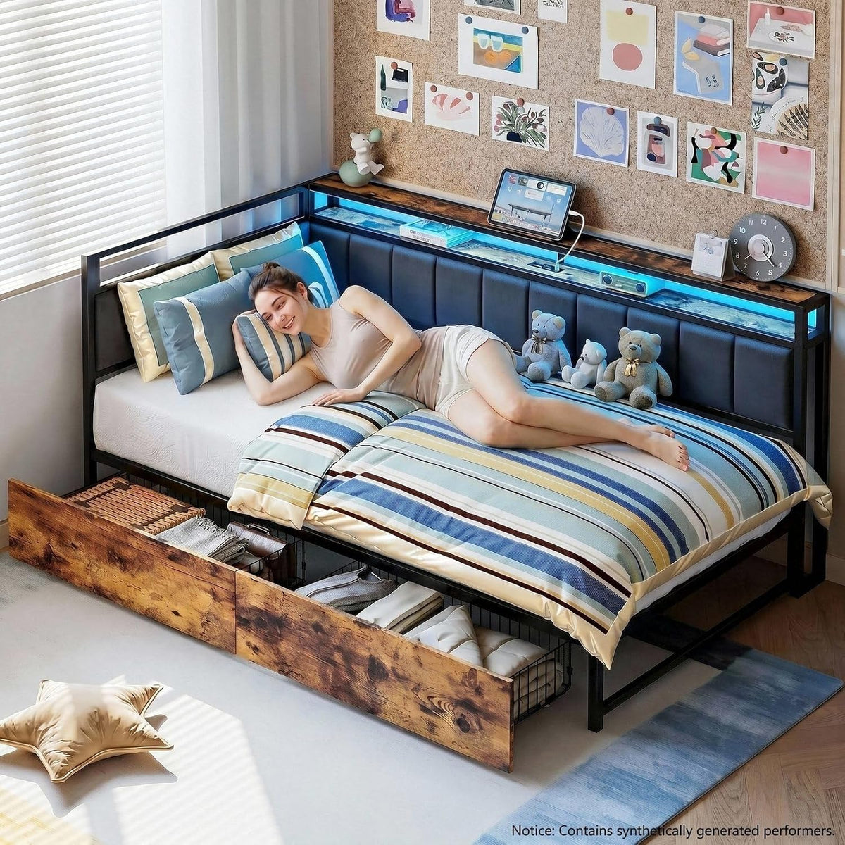 Black Twin Corner Bed Frame with Drawers & LED