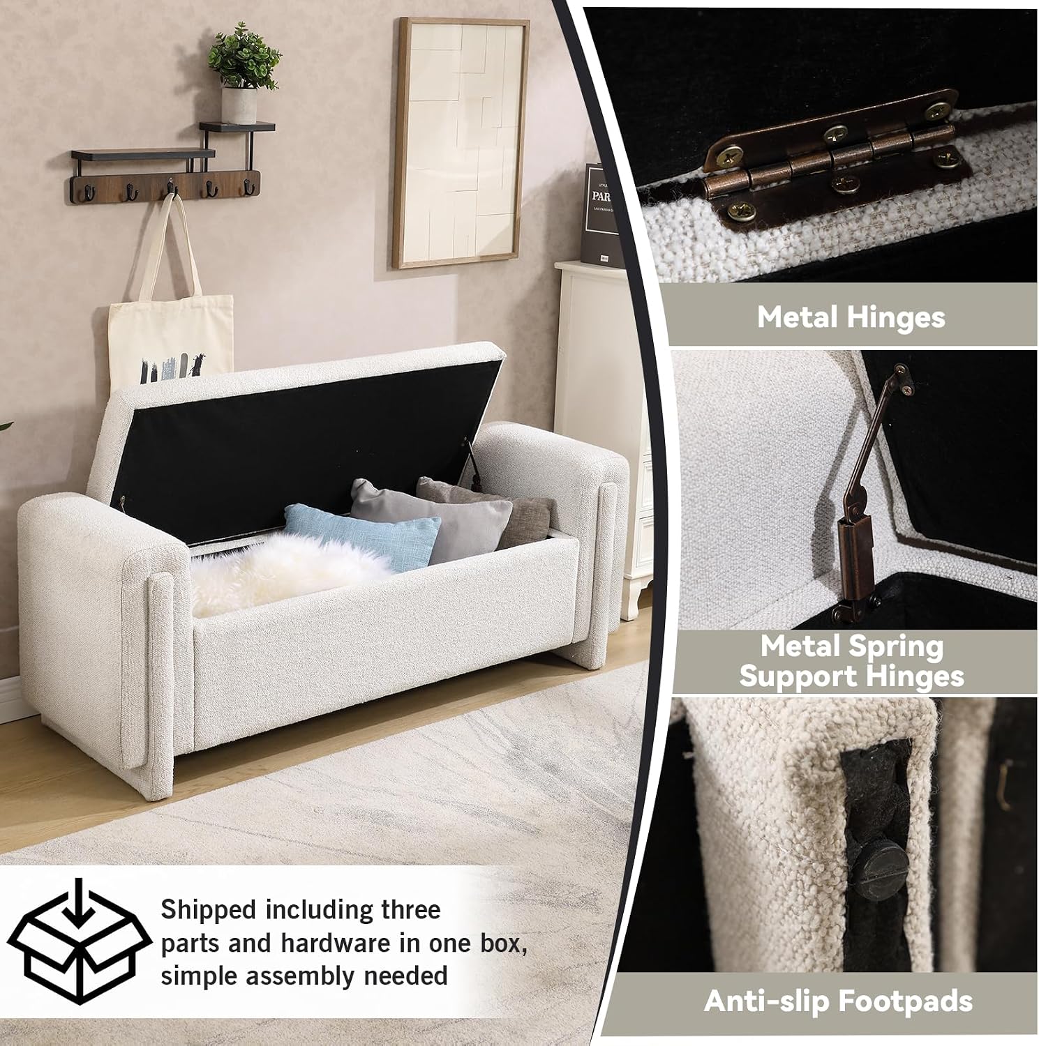 58" Boucle Storage Ottoman Bench