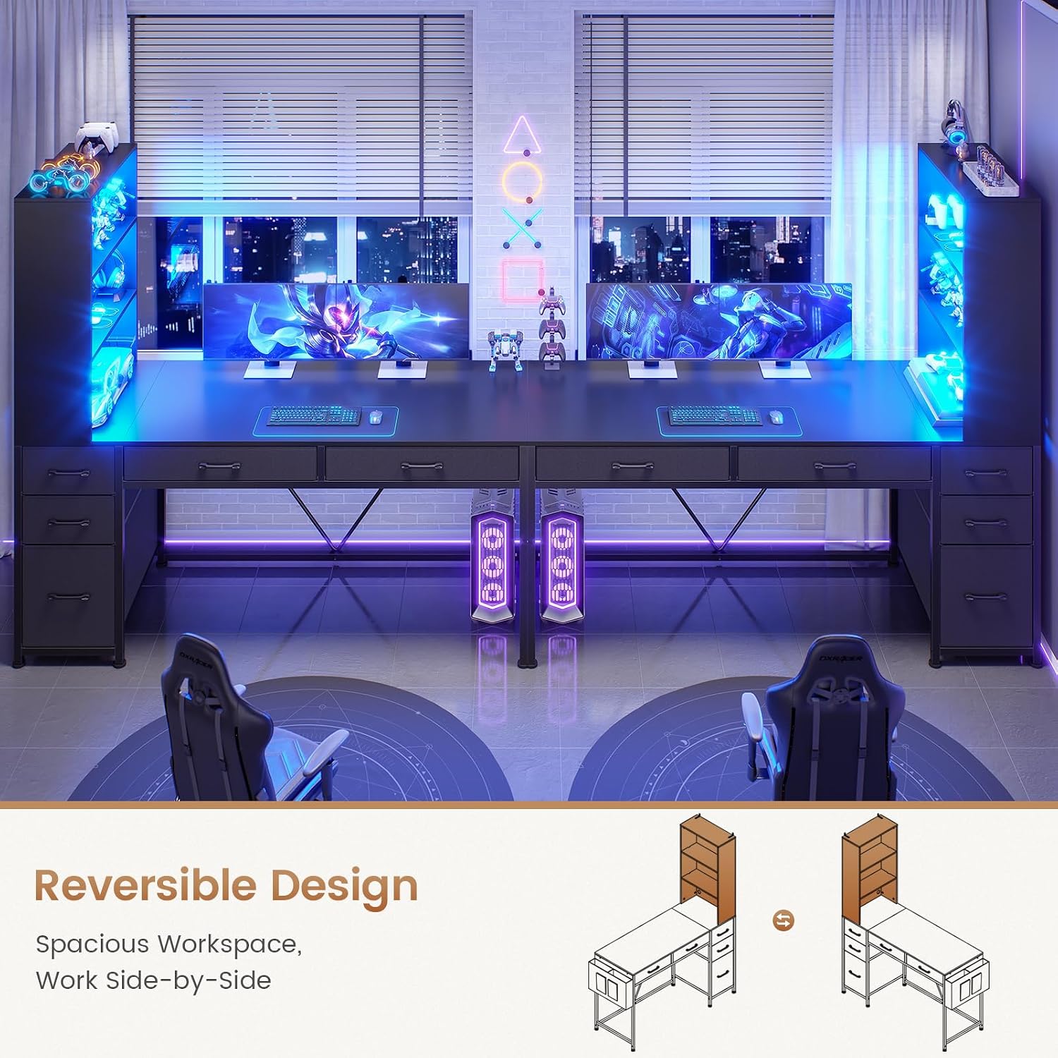 Black Reversible Gaming Desk with 5 Drawers