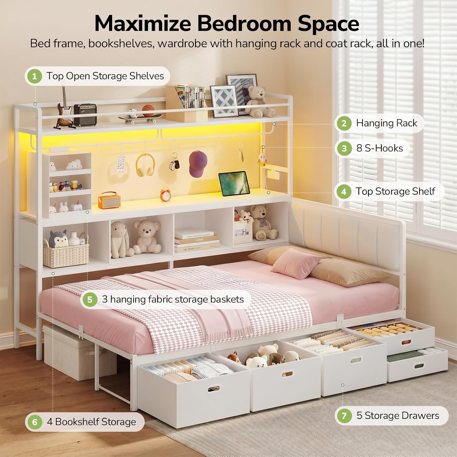 White L-Shaped Twin Bed Frame with 5 Drawers