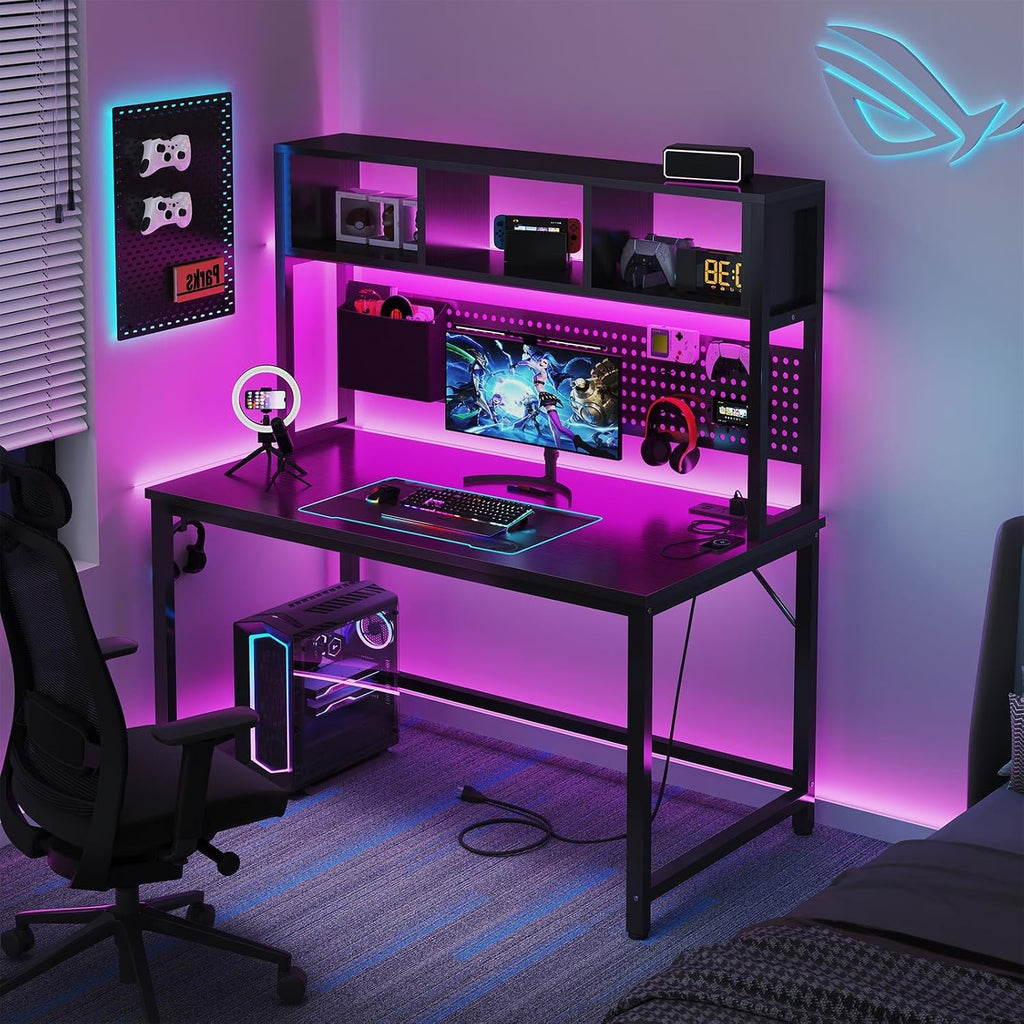 47" Black Gaming Desk with Hutch & Pegboard