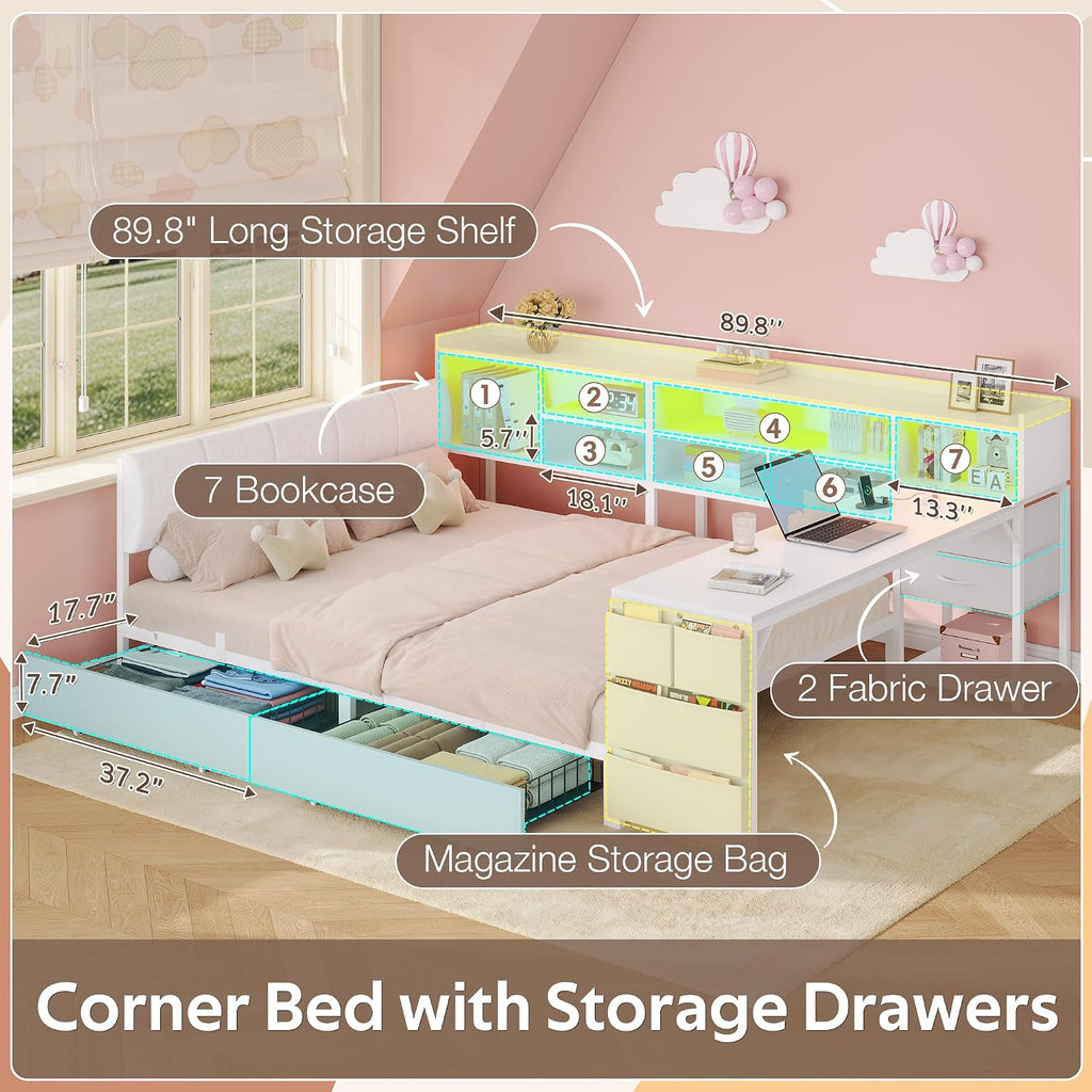 White Full Corner Bed Frame with Desk & 4 Drawers