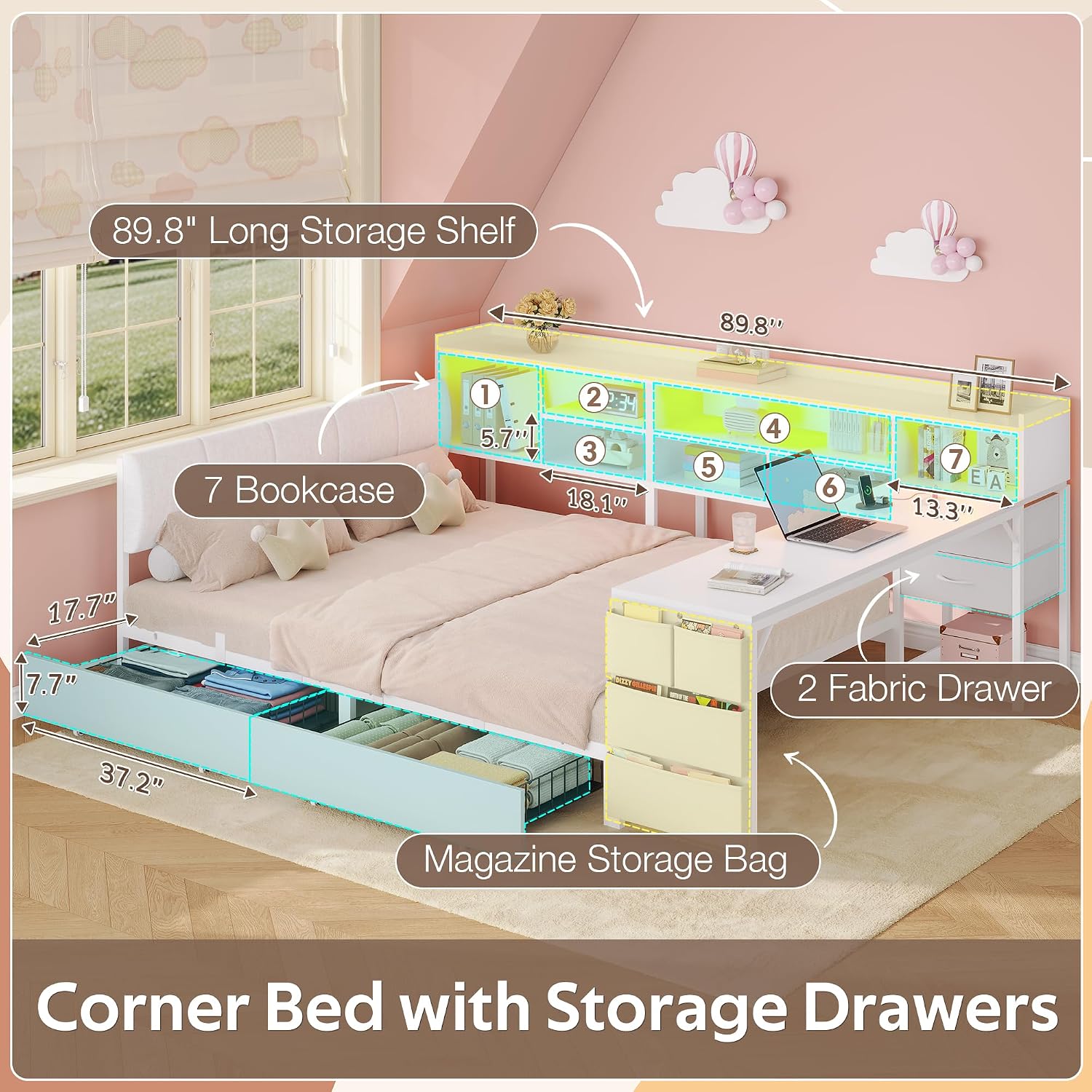 White Full Corner Bed Frame with Desk & 4 Drawers