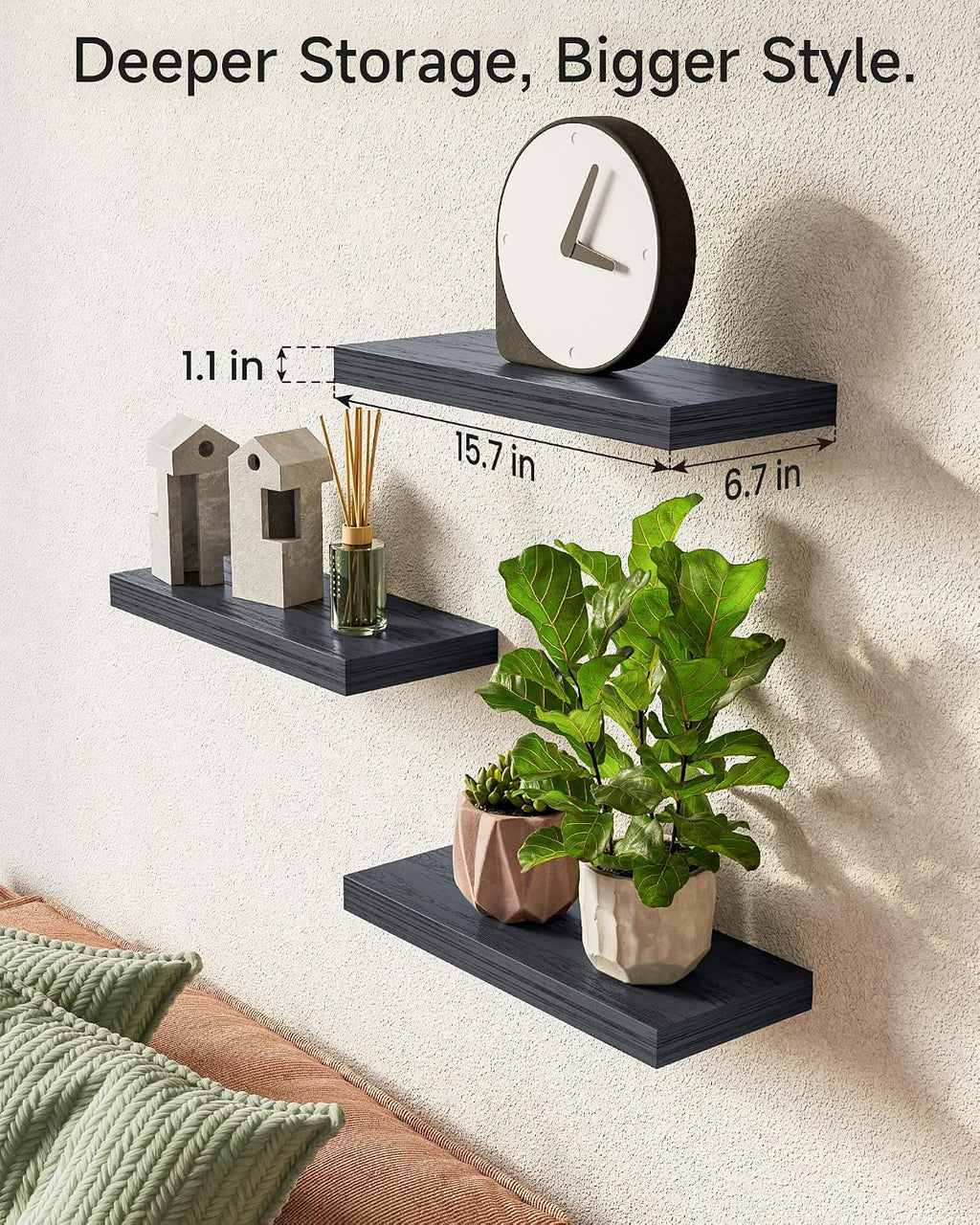 15.7" Black Floating Shelves Set of 3