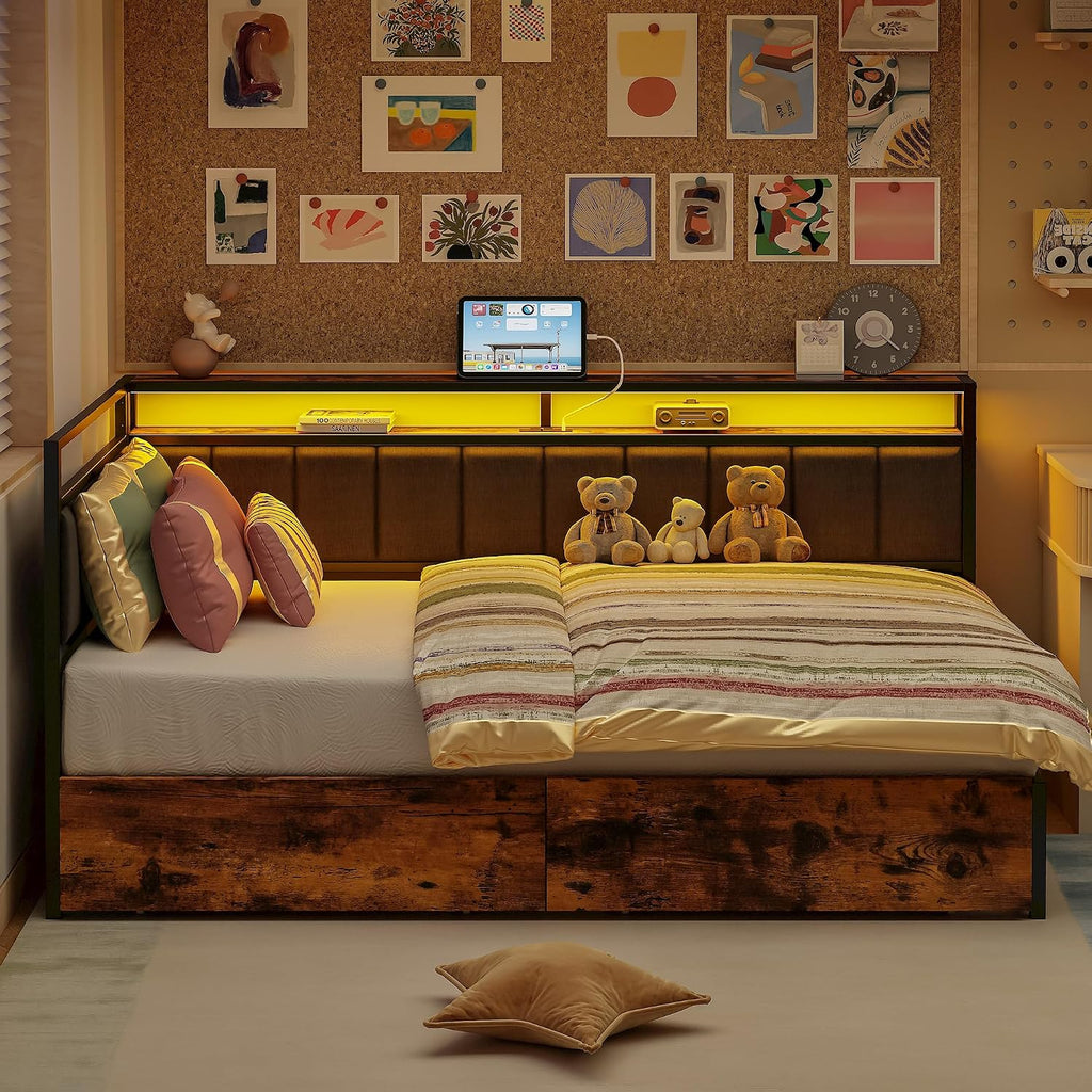 Black Twin Corner Bed Frame with Drawers & LED