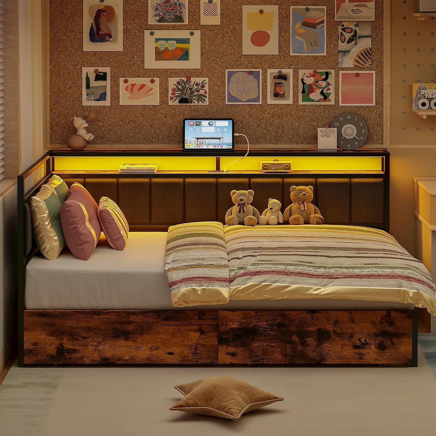 Black Twin Corner Bed Frame with Drawers & LED