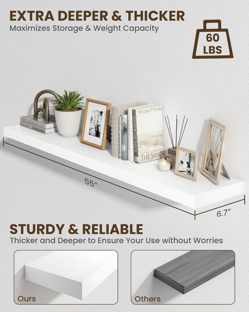 55" White Floating Shelves Set of 2