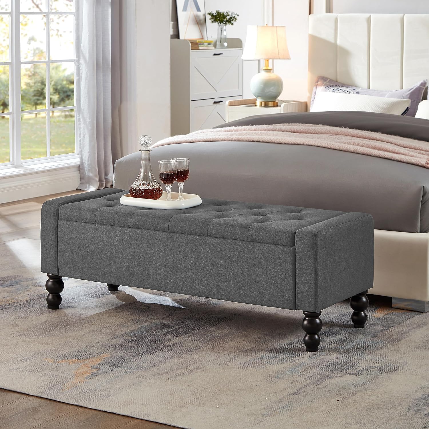 50" Tufted Storage Ottoman Bench Dark Gray