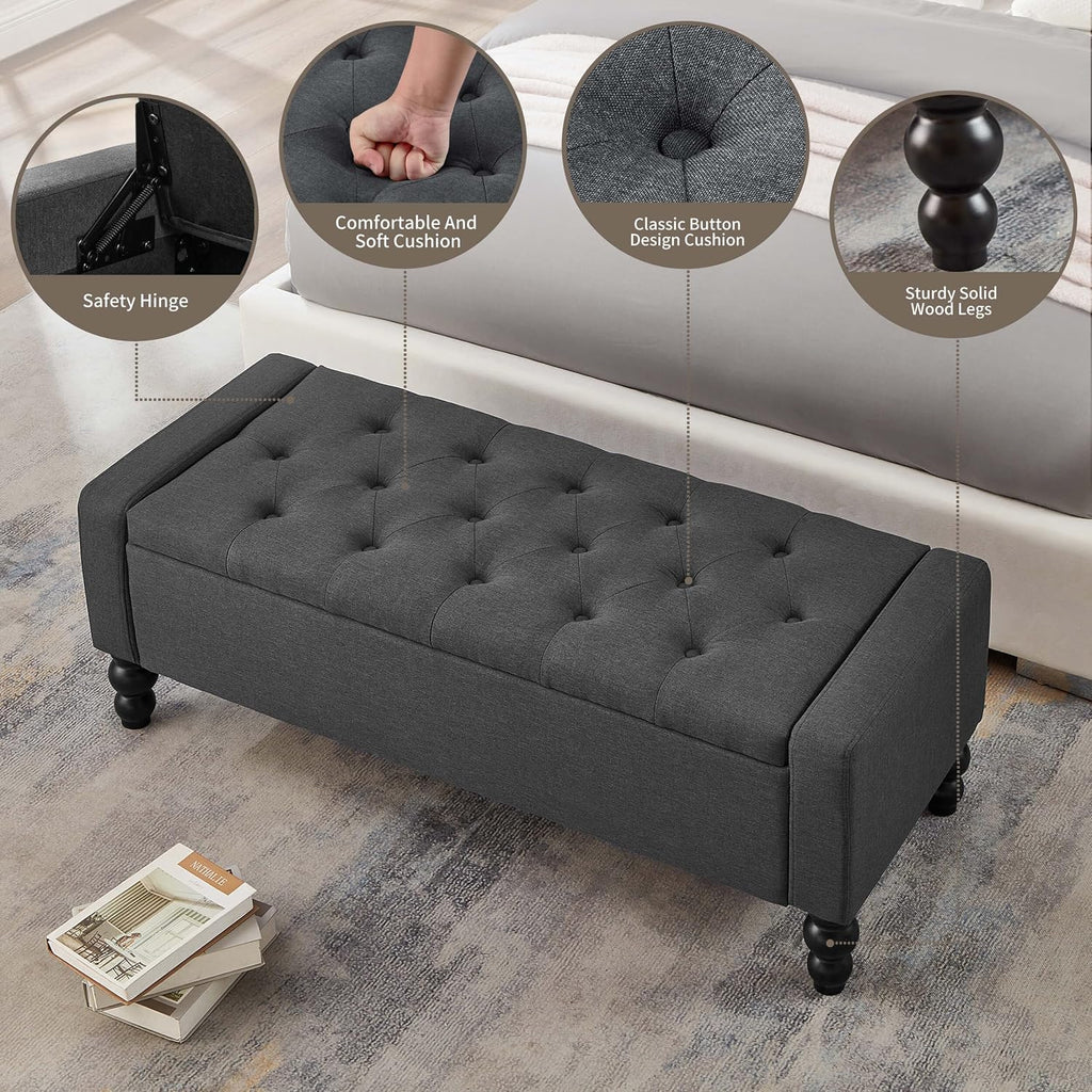 50" Tufted Storage Ottoman Bench Dark Gray