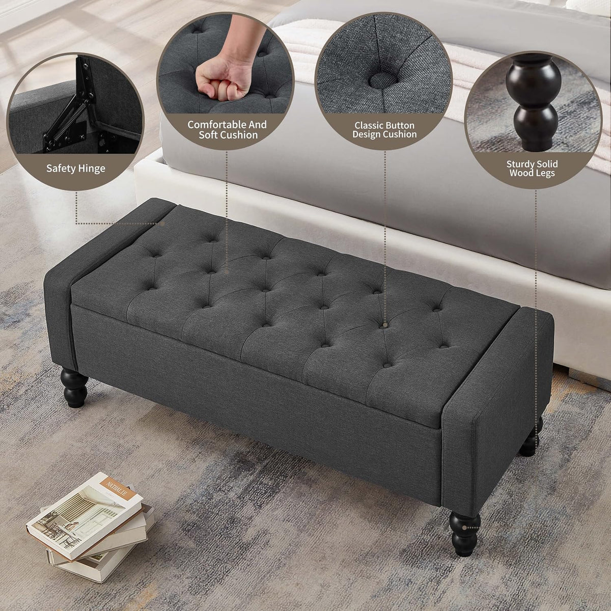 50" Tufted Storage Ottoman Bench Dark Gray