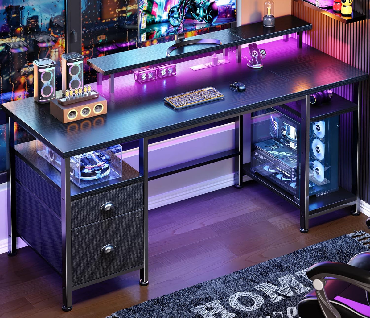 51" Black Gaming Desk with Outlets & LED