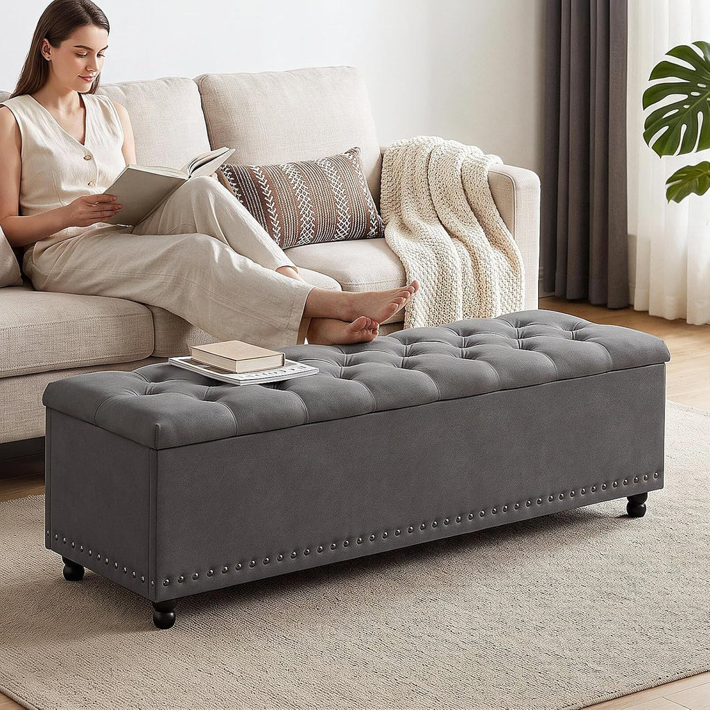 51" Grey Storage Ottoman Bench Wooden Legs