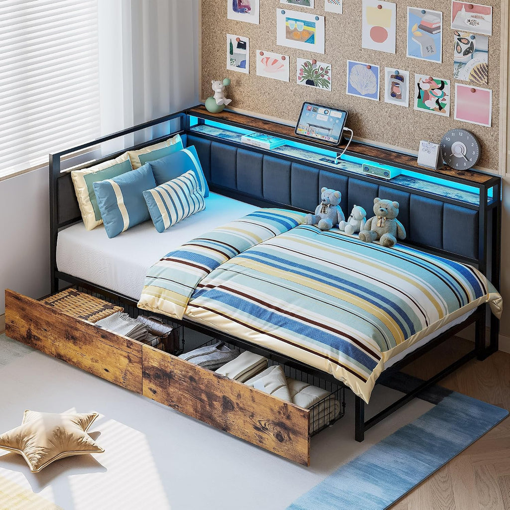 Black Twin Corner Bed Frame with Drawers & LED