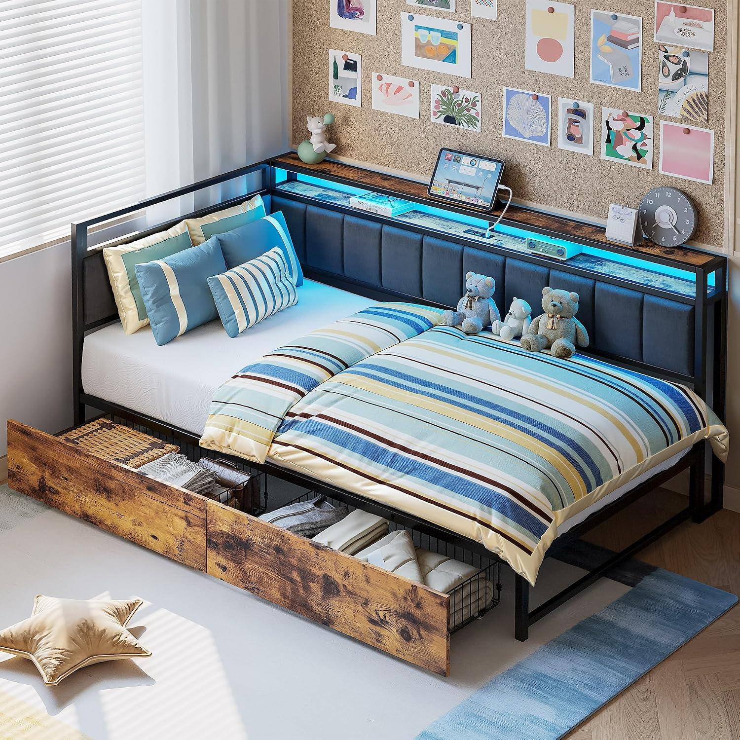 Black Twin Corner Bed Frame with Drawers & LED