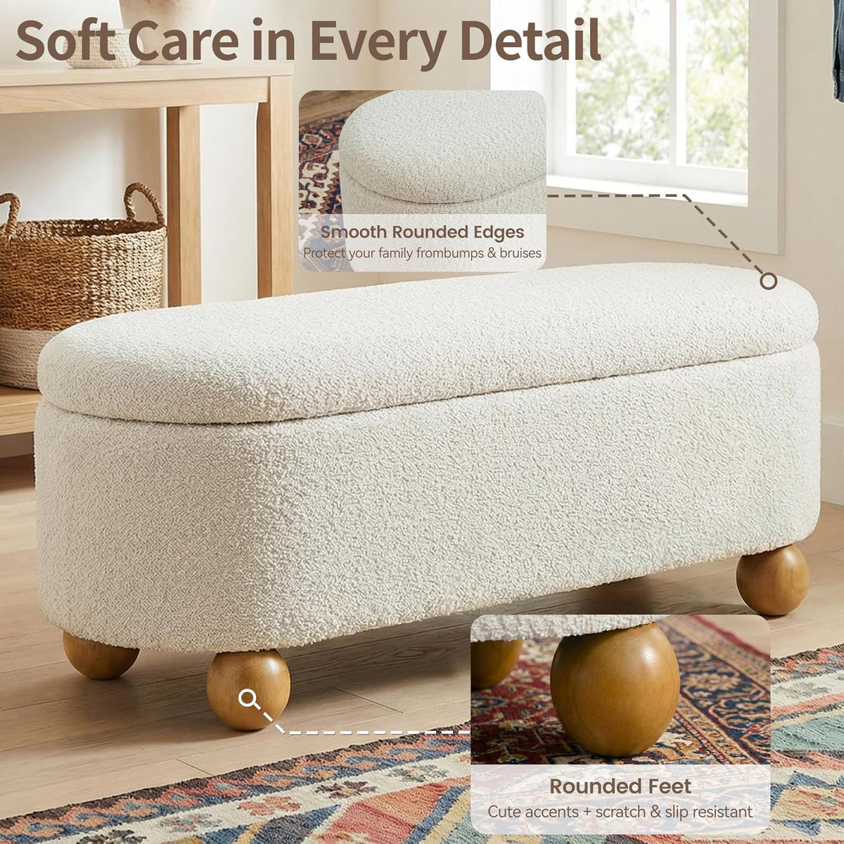 44.8" Beige Storage Ottoman Bench
