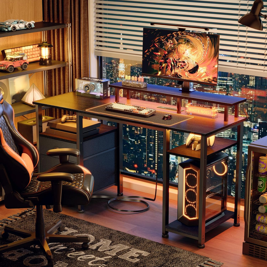 51" Black Gaming Desk with Outlets & LED