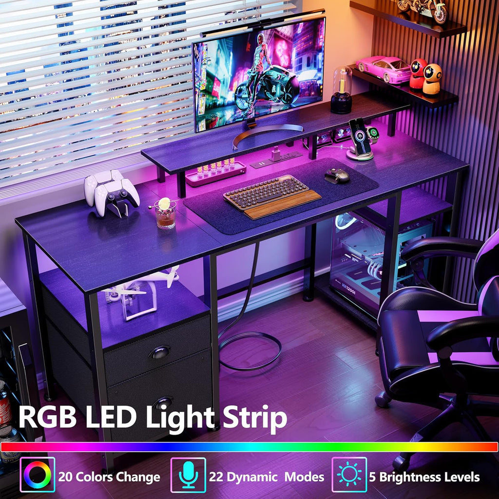 51" Black Gaming Desk with Outlets & LED
