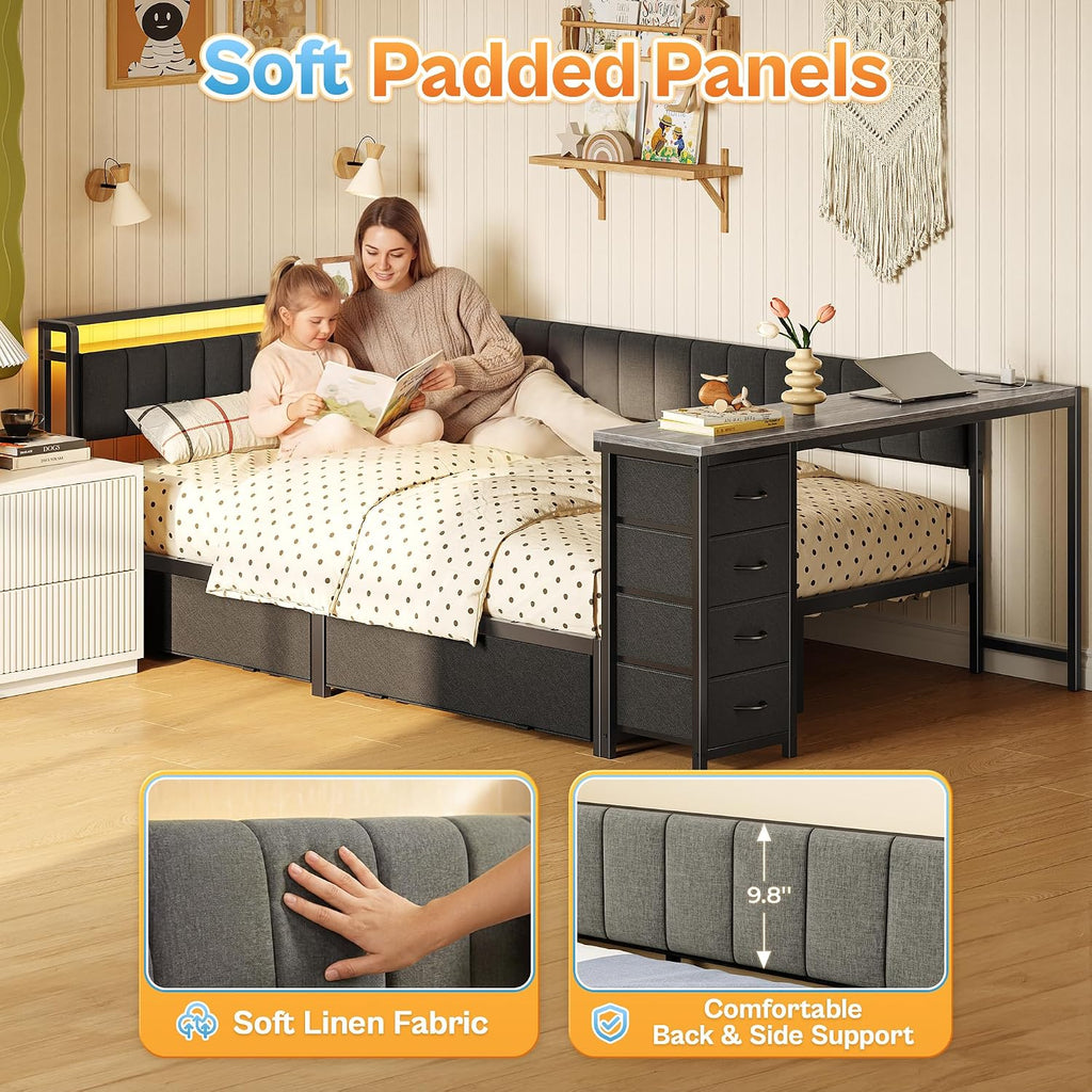 Full Corner Bed Frame with Desk & LED