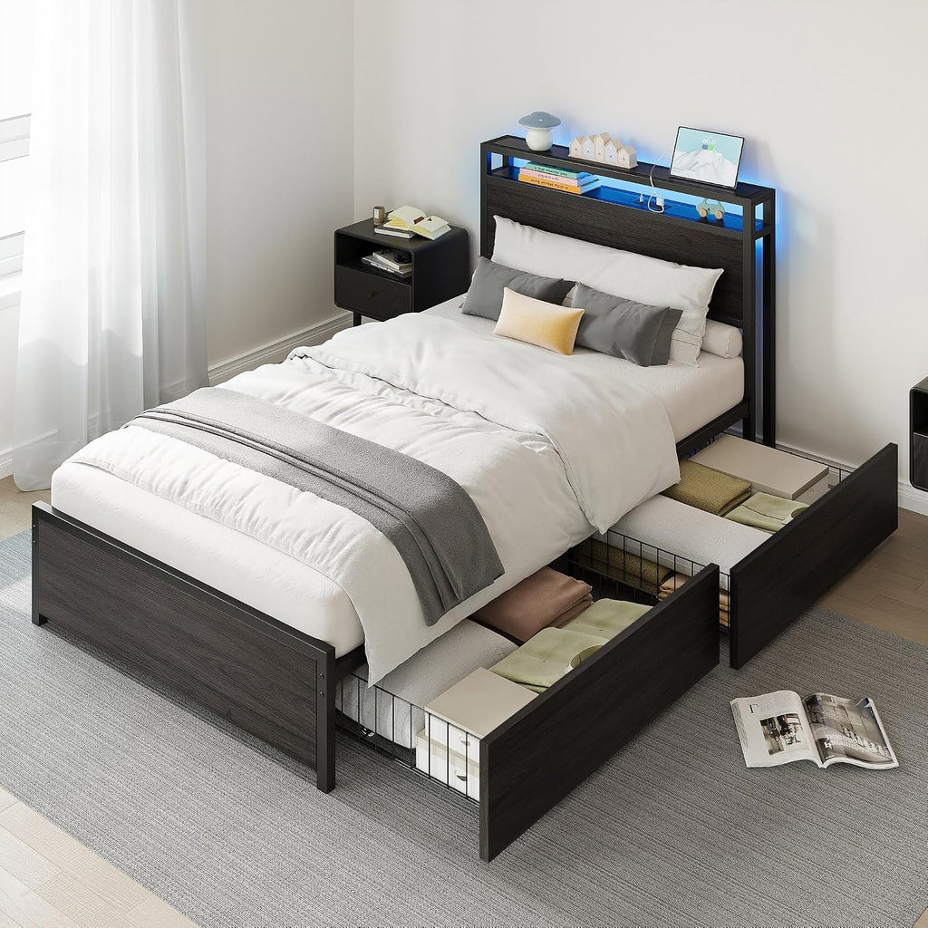 Twin XL Bed Frame with Drawers & LED