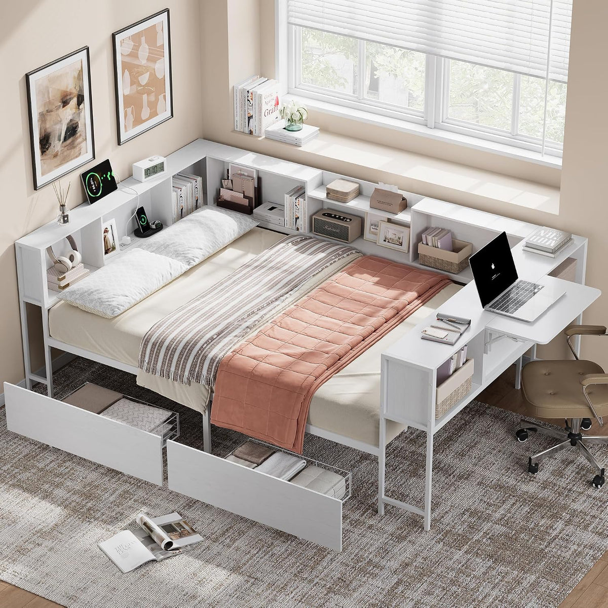 Shaped Metal Daybed with Bookcase & Desktop