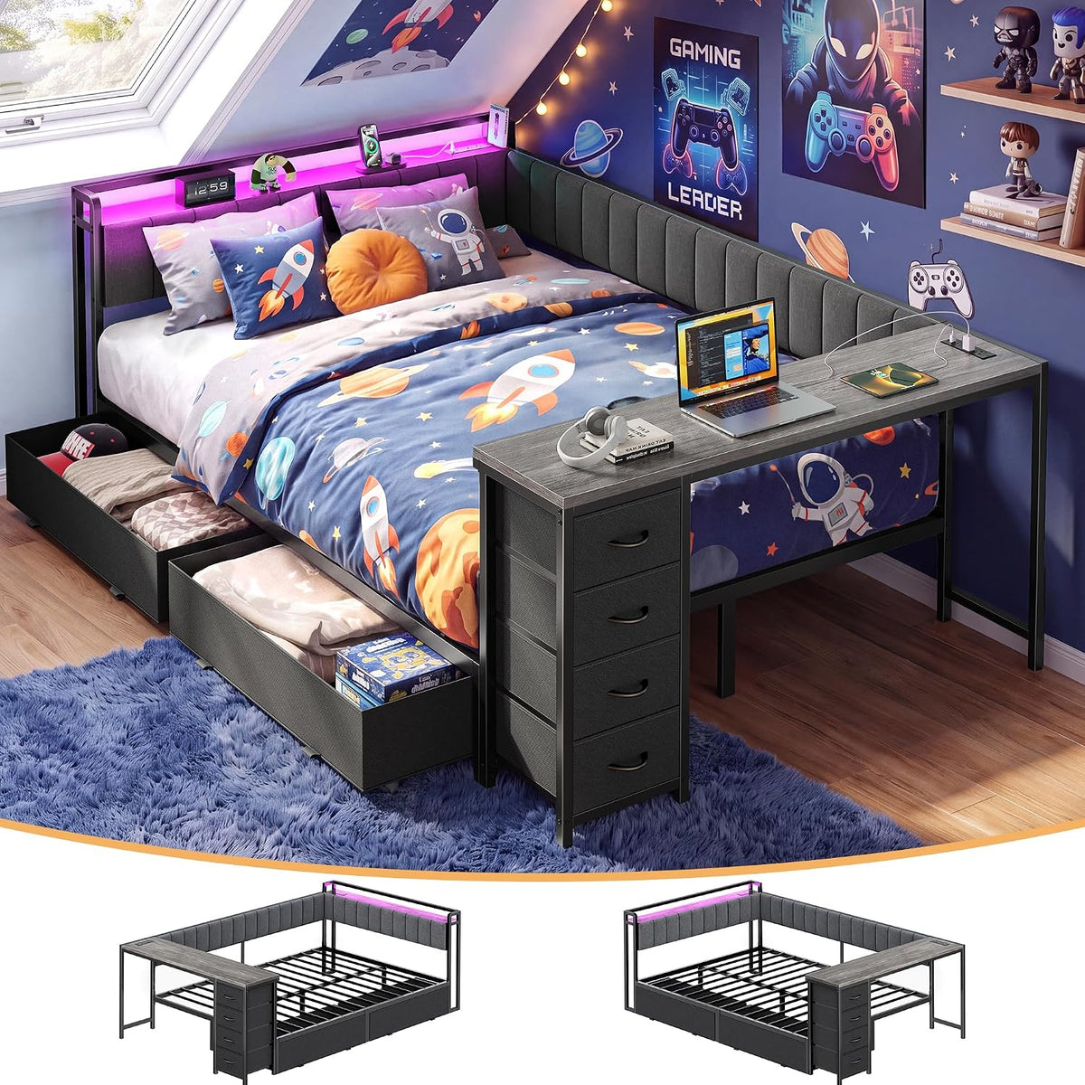 Full Corner Bed Frame with Desk & LED