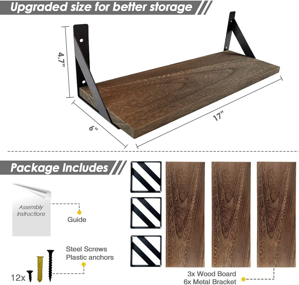 17" Dark Brown Floating Shelves Set of 3